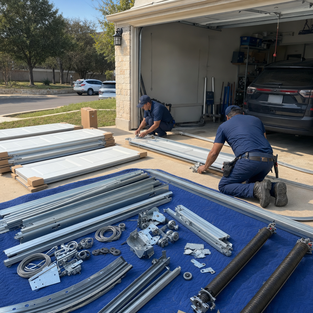 Garage door installation process with technicians and parts