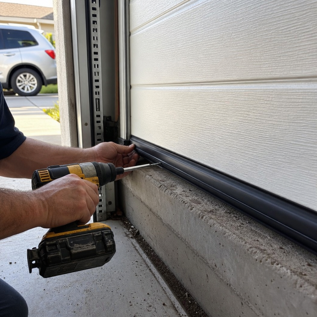 Technician installing garage door bottom seal with a drill