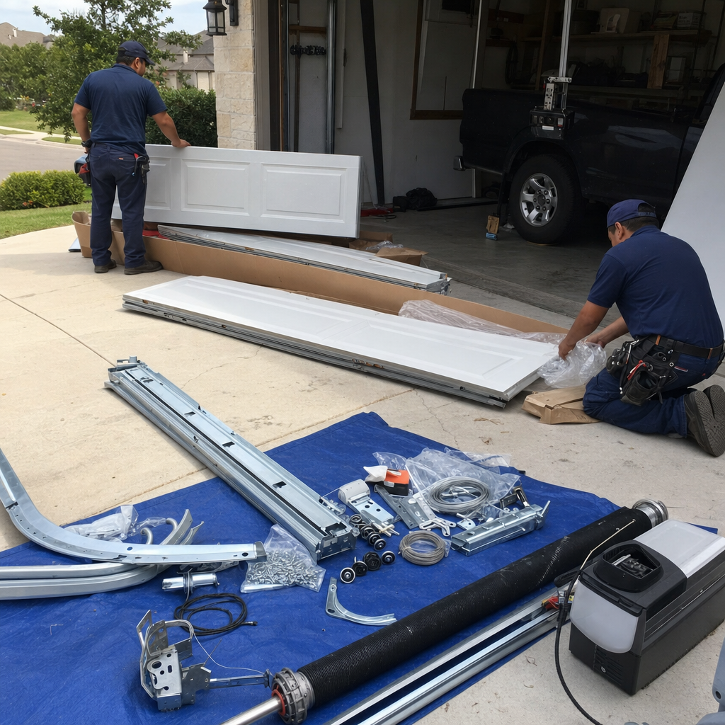 Garage door installation in progress by a professional technician.