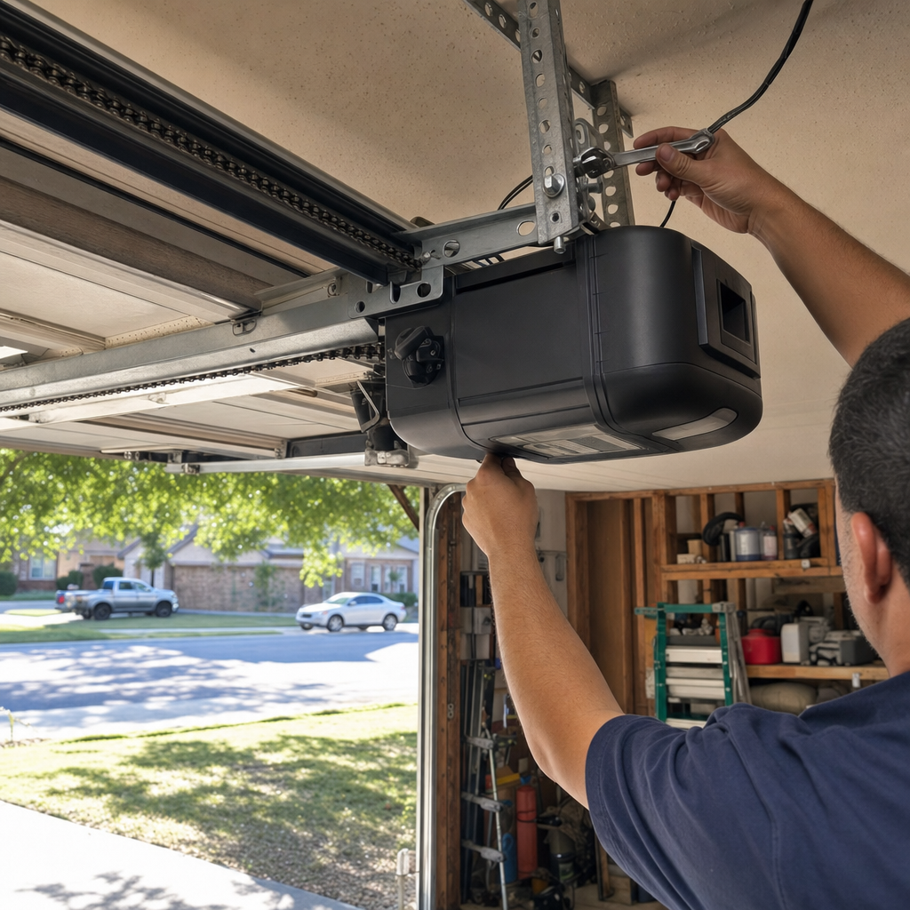 Professional installing a garage door opener system