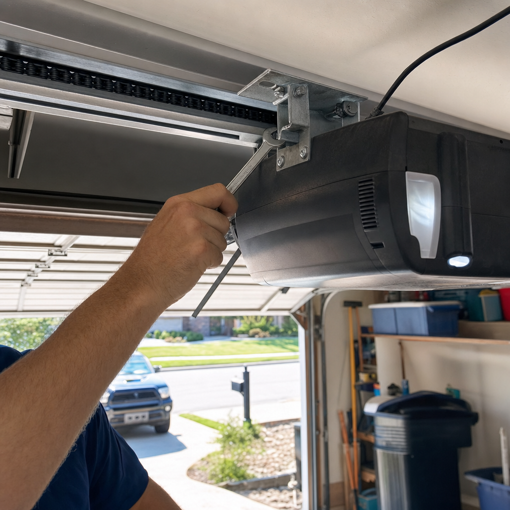 Professional adjusting garage door opener mechanism with a wrench