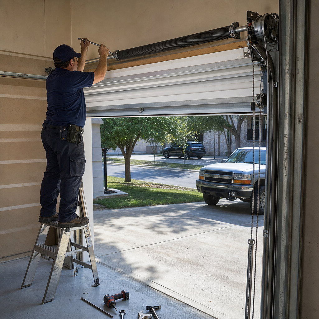 Garage door repair technician installing spring on ladder