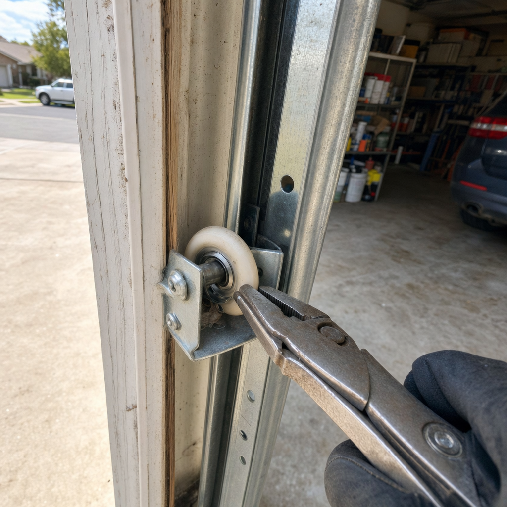 Garage door roller repair with pliers.
