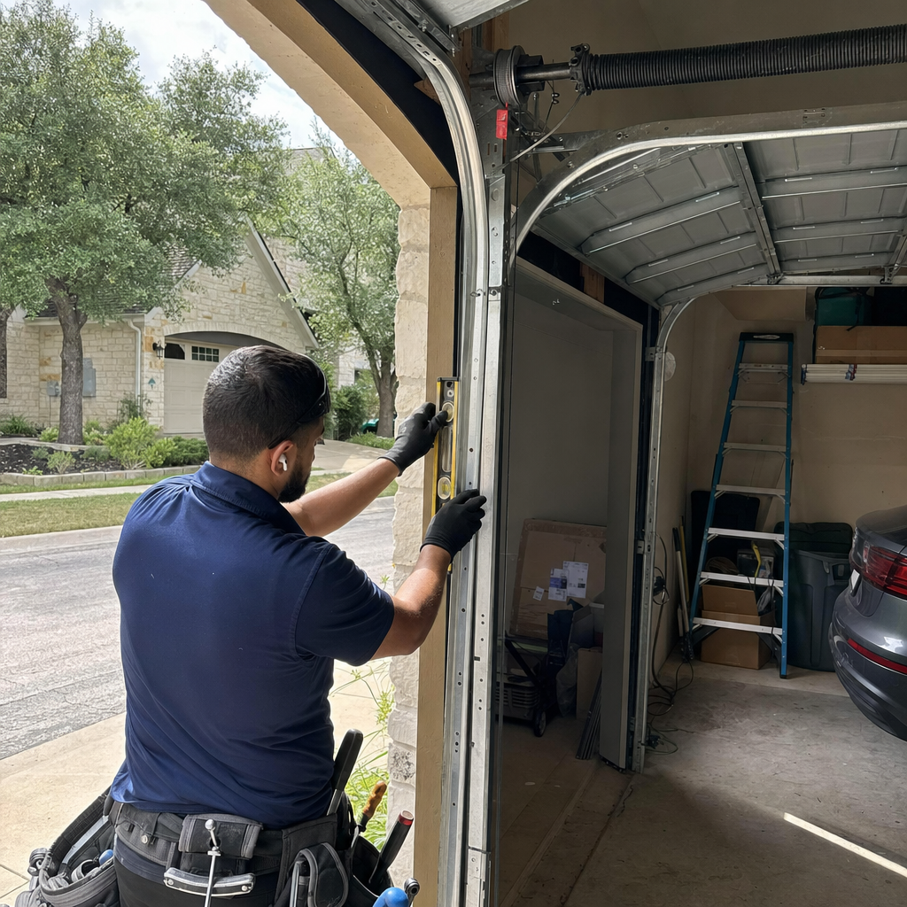 Technician uses level to align garage door track for repair