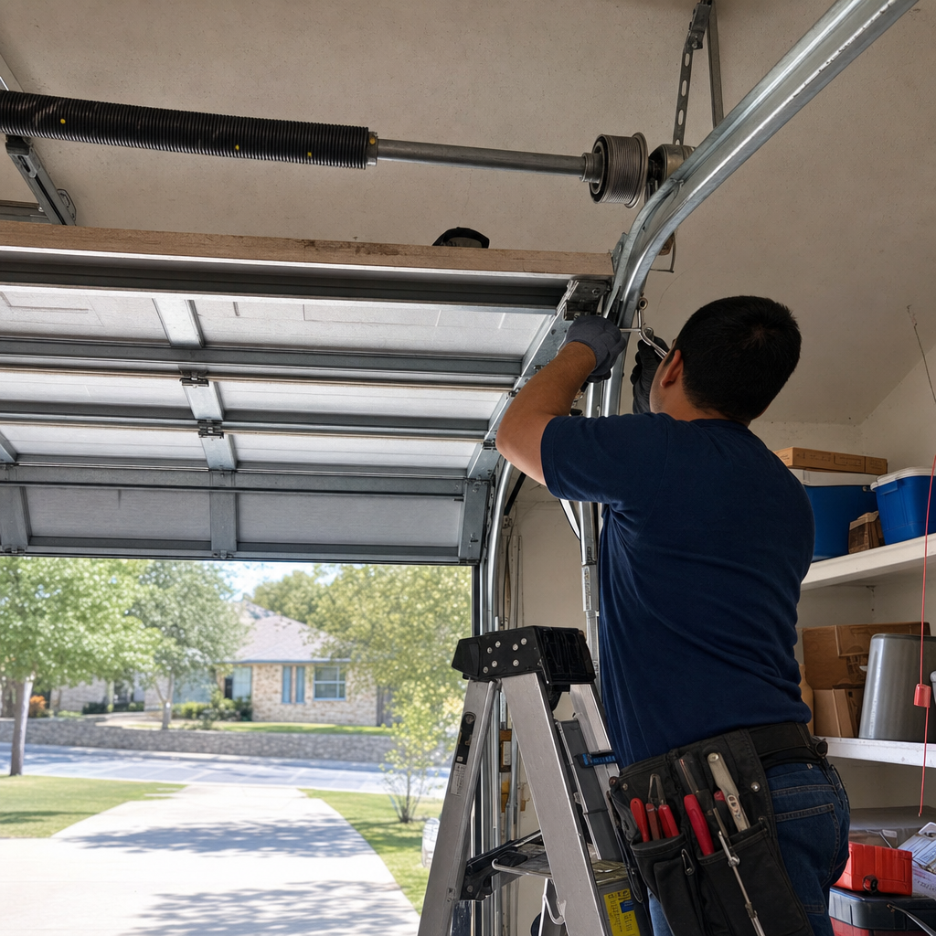 Technician performing emergency garage door repair on spring system in Round Rock, TX