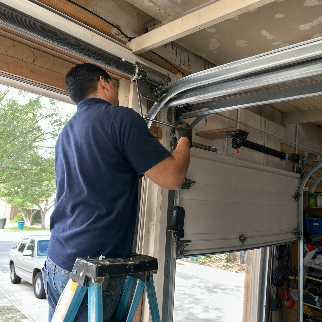 Technician installing garage door torsion spring parts in Round Rock, TX